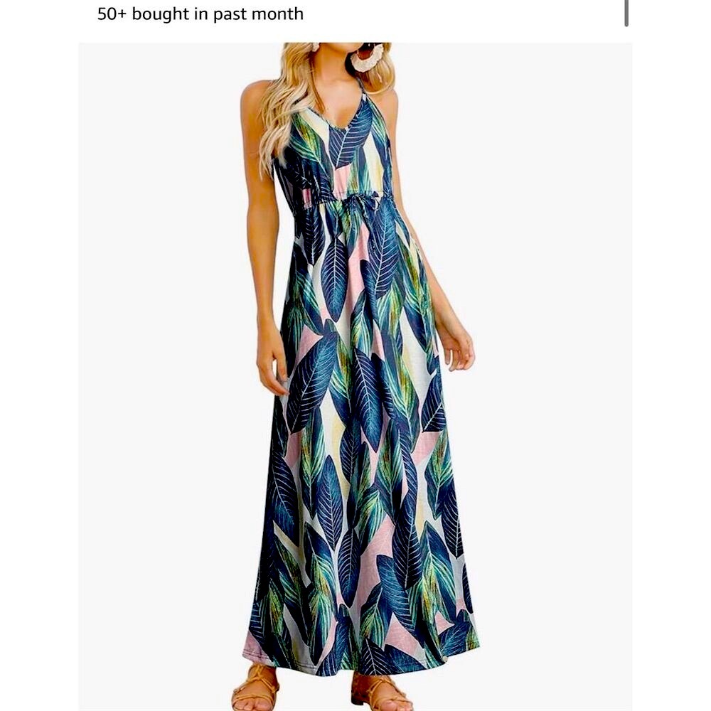 Women's Sleeveless V Neck Tropical Print Maxi Dress with Pockets - Size S